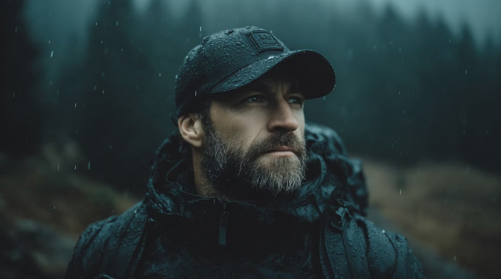 Load video: bearded man hiking in rainy wilderness